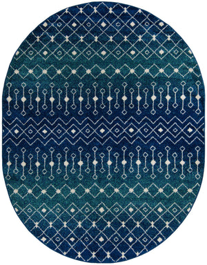 Navy and Teal 7' 10 x 10' Tribal Trellis Oval Area Rug Geometric Southwestern Inspired Durable Carpet for Home Interior Design for Sale at Rug Engine