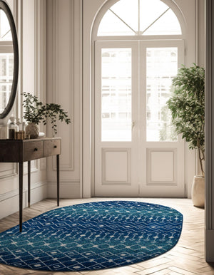 Navy and Teal 4' 1 x 6' 1 Tribal Trellis Oval Area Rug Geometric Southwestern Inspired Durable Carpet for Home Interior Design for Sale at Rug Engine