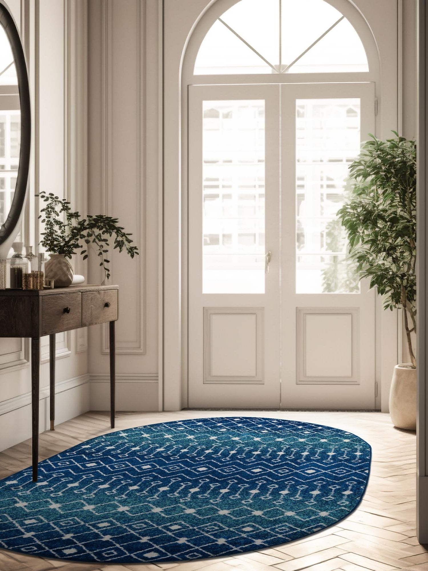 Navy and Teal 7' 10 x 10' Tribal Trellis Oval Area Rug Geometric Southwestern Inspired Durable Carpet for Home Interior Design for Sale at Rug Engine