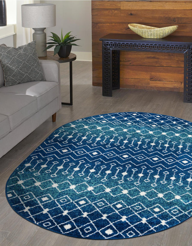 Navy and Teal 5' 3 x 8' Tribal Trellis Oval Area Rug Geometric Southwestern Inspired Durable Carpet for Home Interior Design for Sale at Rug Engine