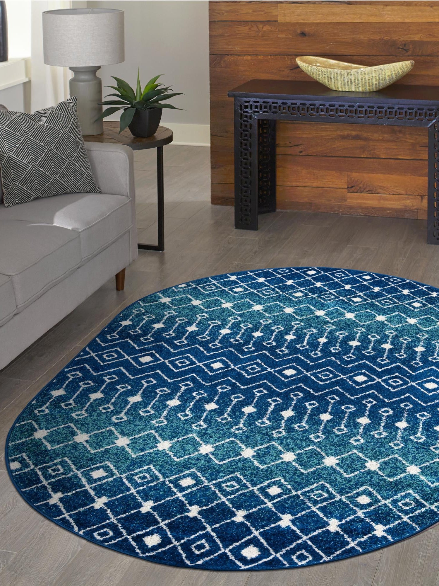 Navy and Teal 7' 10 x 10' Tribal Trellis Oval Area Rug Geometric Southwestern Inspired Durable Carpet for Home Interior Design for Sale at Rug Engine