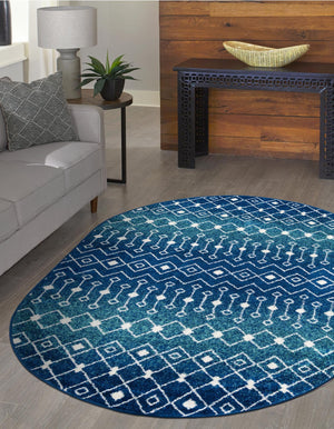 Navy and Teal 4' 1 x 6' 1 Tribal Trellis Oval Area Rug Geometric Southwestern Inspired Durable Carpet for Home Interior Design for Sale at Rug Engine