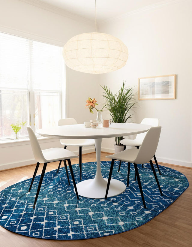 Navy and Teal 5' 3 x 8' Tribal Trellis Oval Area Rug Geometric Southwestern Inspired Durable Carpet for Home Interior Design for Sale at Rug Engine