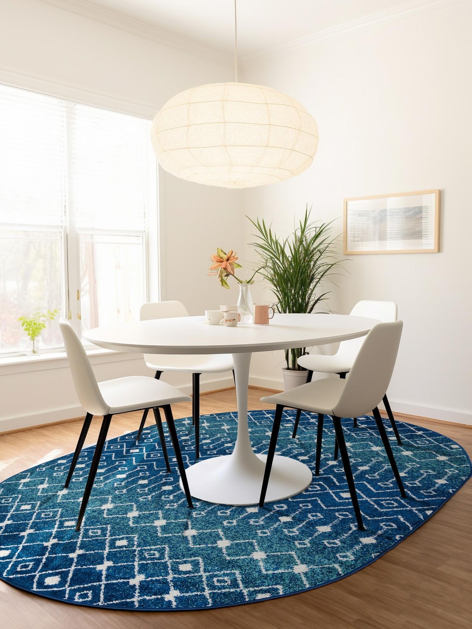 Navy and Teal 7' 10 x 10' Tribal Trellis Oval Area Rug Geometric Southwestern Inspired Durable Carpet for Home Interior Design for Sale at Rug Engine