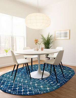 Navy and Teal 7' 10 x 10' Tribal Trellis Oval Area Rug Geometric Southwestern Inspired Durable Carpet for Home Interior Design for Sale at Rug Engine