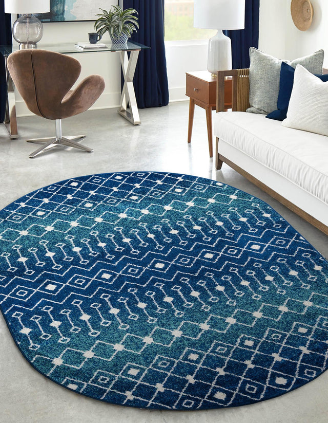 Navy and Teal 4' 1 x 6' 1 Tribal Trellis Oval Area Rug Geometric Southwestern Inspired Durable Carpet for Home Interior Design for Sale at Rug Engine