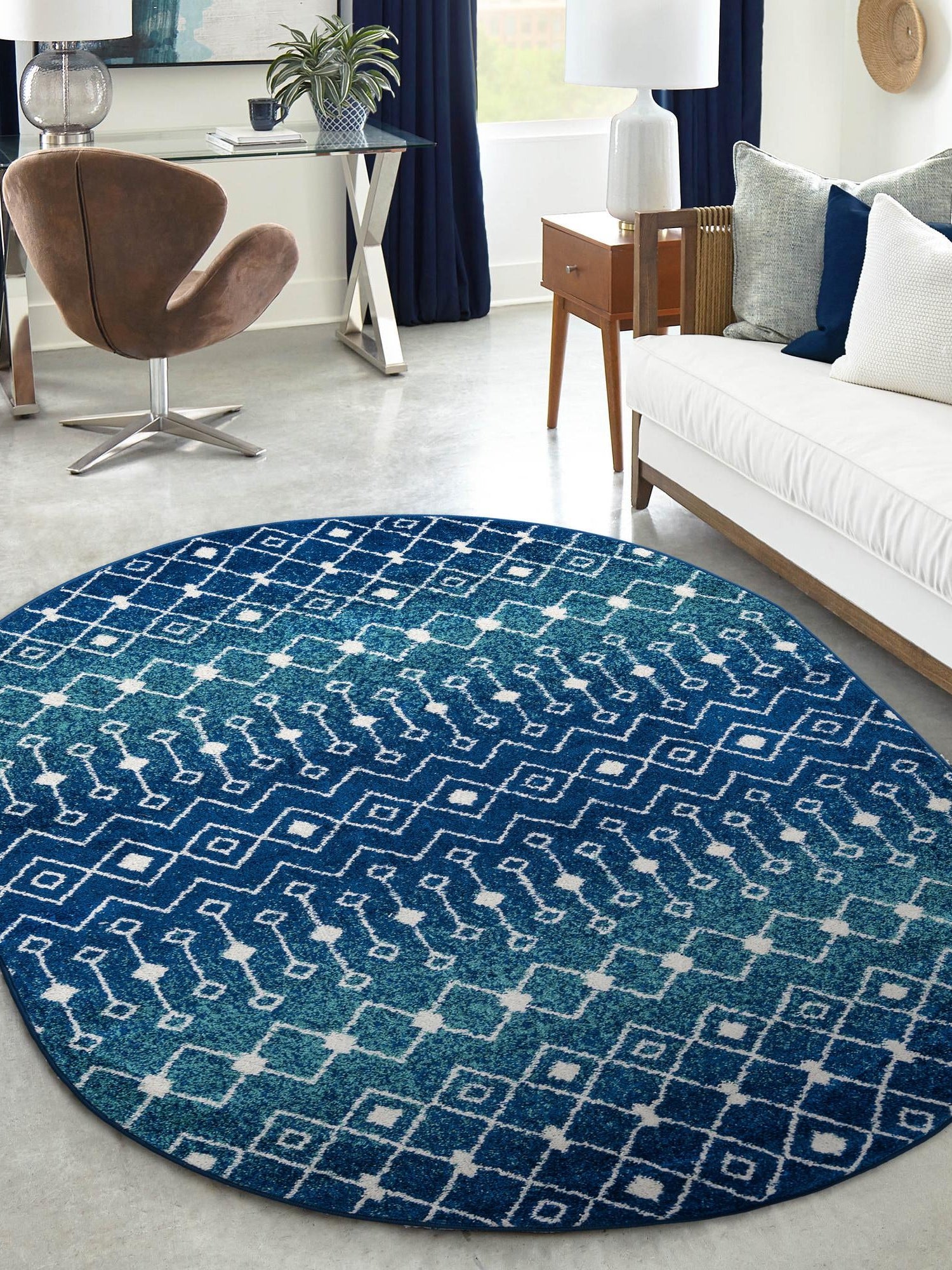Navy and Teal 7' 10 x 10' Tribal Trellis Oval Area Rug Geometric Southwestern Inspired Durable Carpet for Home Interior Design for Sale at Rug Engine
