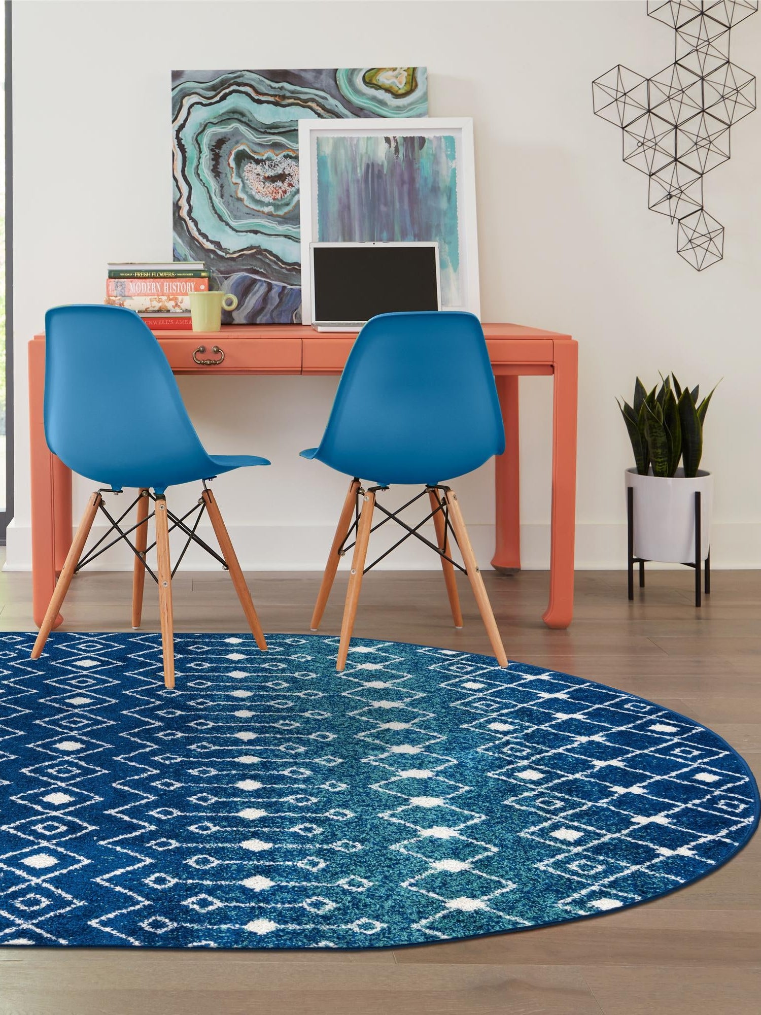 Navy and Teal 7' 10 x 10' Tribal Trellis Oval Area Rug Geometric Southwestern Inspired Durable Carpet for Home Interior Design for Sale at Rug Engine