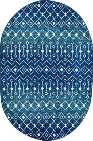 Navy and Teal 5' 3 x 8' Tribal Trellis Oval Area Rug Geometric Southwestern Inspired Durable Carpet for Home Interior Design for Sale at Rug Engine