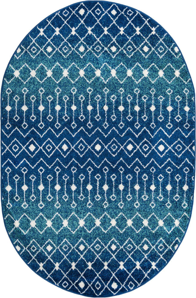 Navy and Teal 5' 3 x 8' Tribal Trellis Oval Area Rug Geometric Southwestern Inspired Durable Carpet for Home Interior Design for Sale at Rug Engine