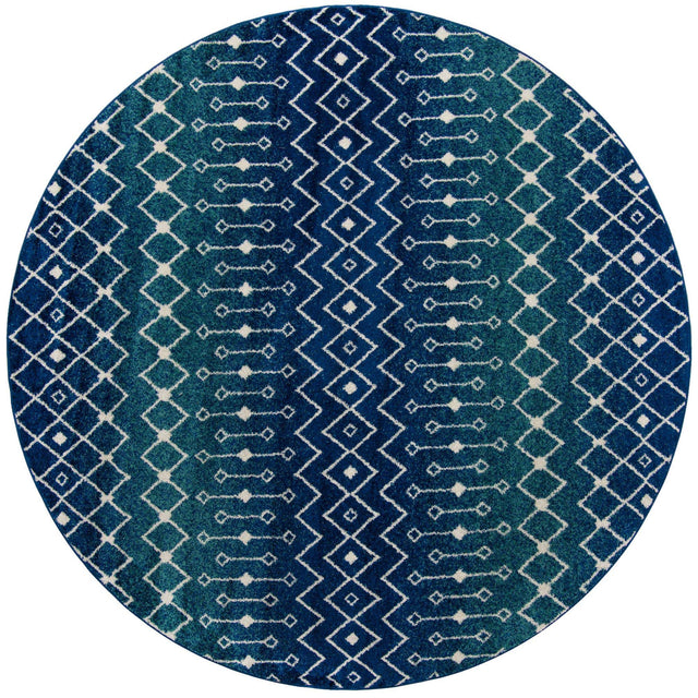 Navy and Teal 10' x 10' Tribal Trellis Round Area Rug Geometric Southwestern Inspired Durable Carpet for Home Interior Design for Sale at Rug Engine