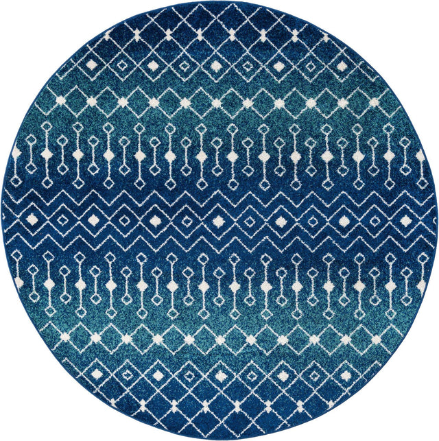 Navy and Teal 7' 10 x 7' 10 Tribal Trellis Round Area Rug Geometric Southwestern Inspired Durable Carpet for Home Interior Design for Sale at Rug Engine