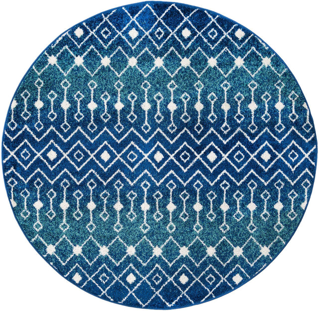 Navy and Teal 6' 1 x 6' 1 Tribal Trellis Round Area Rug Geometric Southwestern Inspired Durable Carpet for Home Interior Design for Sale at Rug Engine