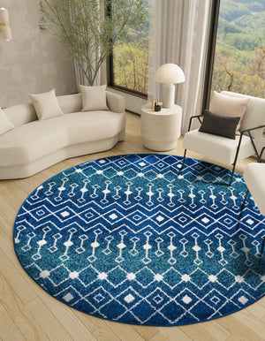 Navy and Teal 10' x 10' Tribal Trellis Round Area Rug Geometric Southwestern Inspired Durable Carpet for Home Interior Design for Sale at Rug Engine