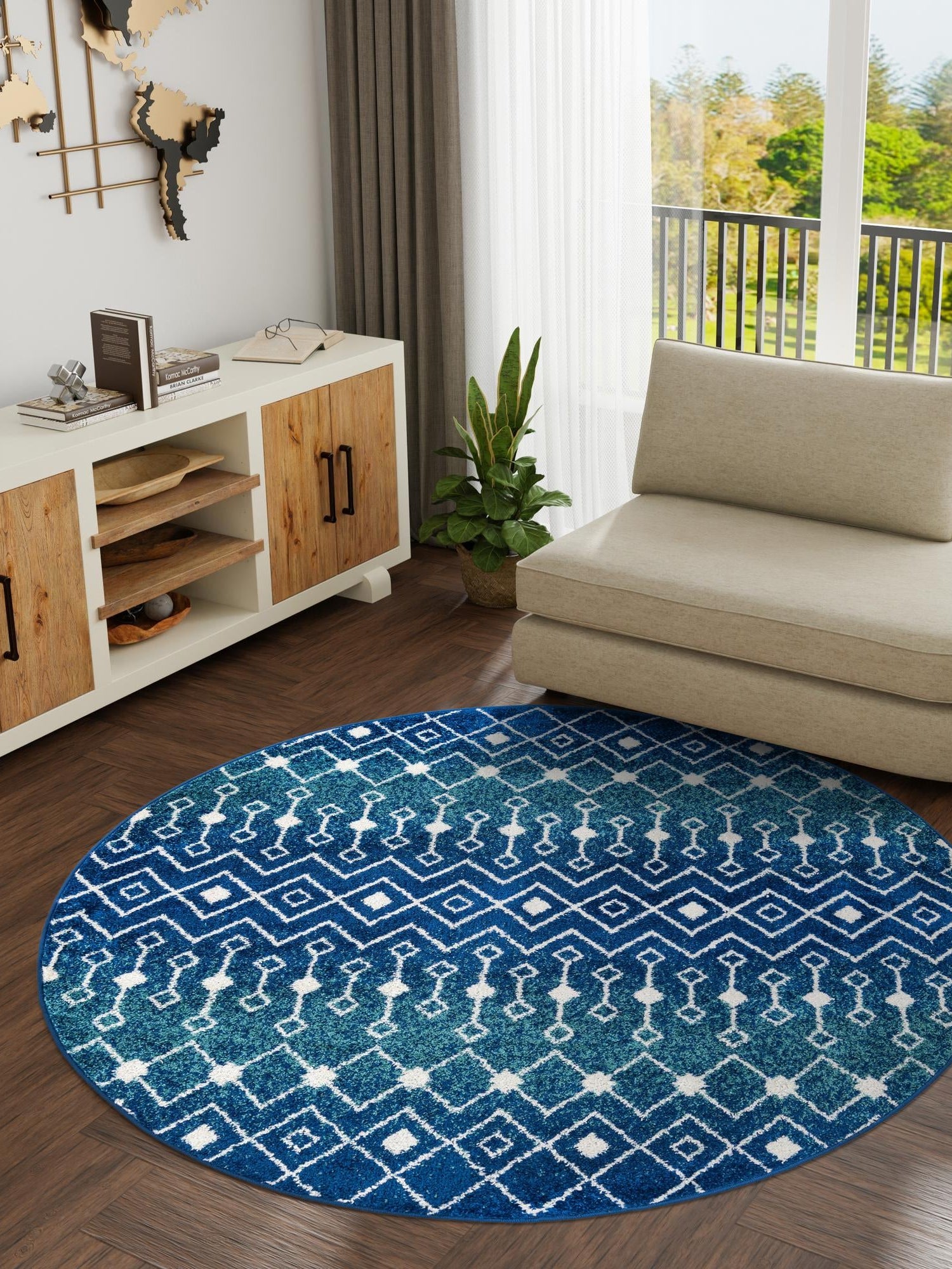 Navy and Teal 10' x 10' Tribal Trellis Round Area Rug Geometric Southwestern Inspired Durable Carpet for Home Interior Design for Sale at Rug Engine