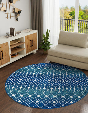 Navy and Teal 10' x 10' Tribal Trellis Round Area Rug Geometric Southwestern Inspired Durable Carpet for Home Interior Design for Sale at Rug Engine