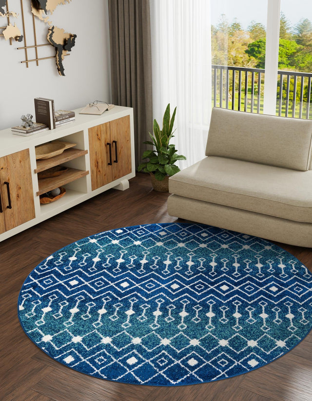 Navy and Teal 6' 1 x 6' 1 Tribal Trellis Round Area Rug Geometric Southwestern Inspired Durable Carpet for Home Interior Design for Sale at Rug Engine