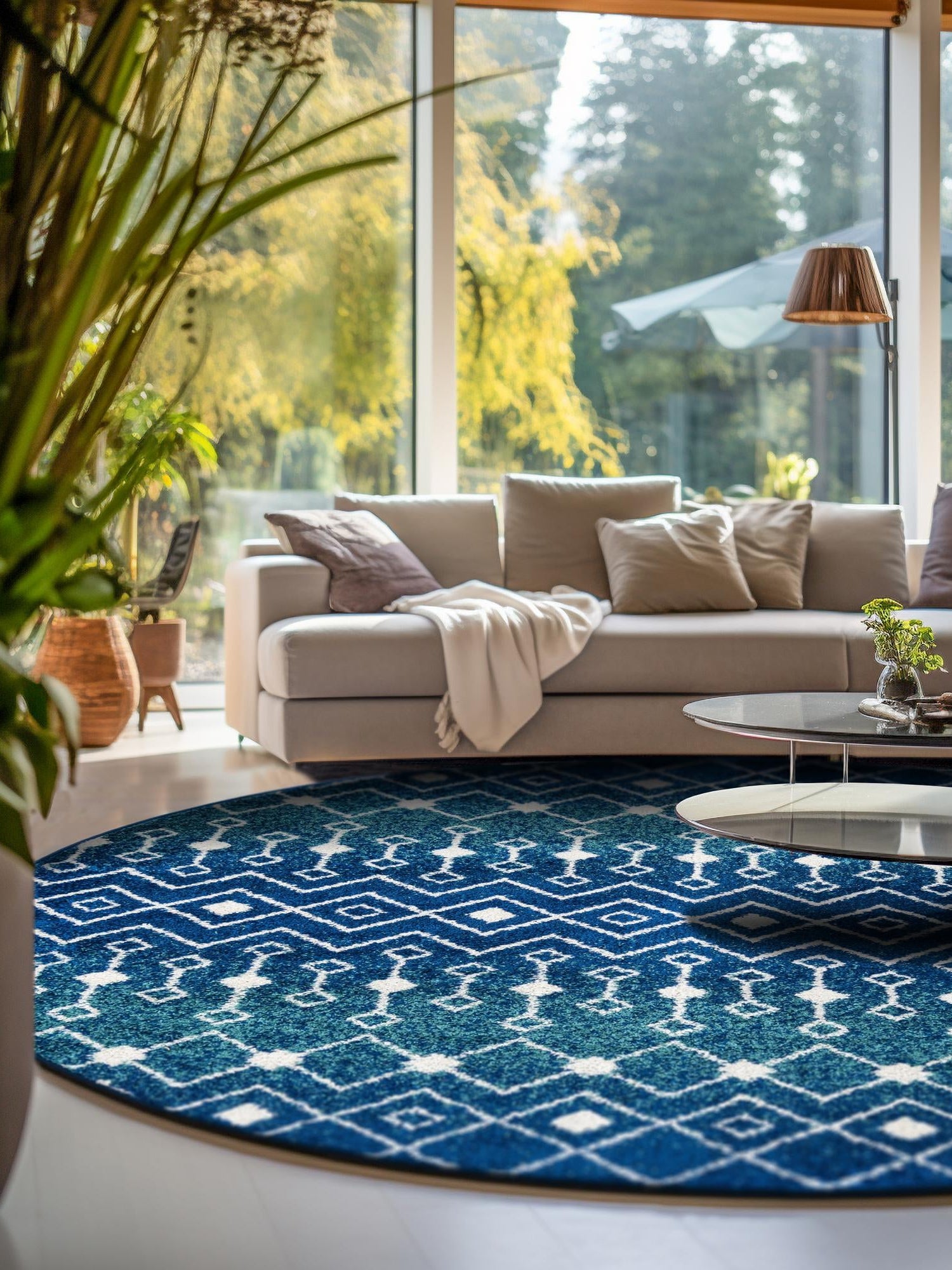 Navy and Teal 6' 1 x 6' 1 Tribal Trellis Round Area Rug Geometric Southwestern Inspired Durable Carpet for Home Interior Design for Sale at Rug Engine