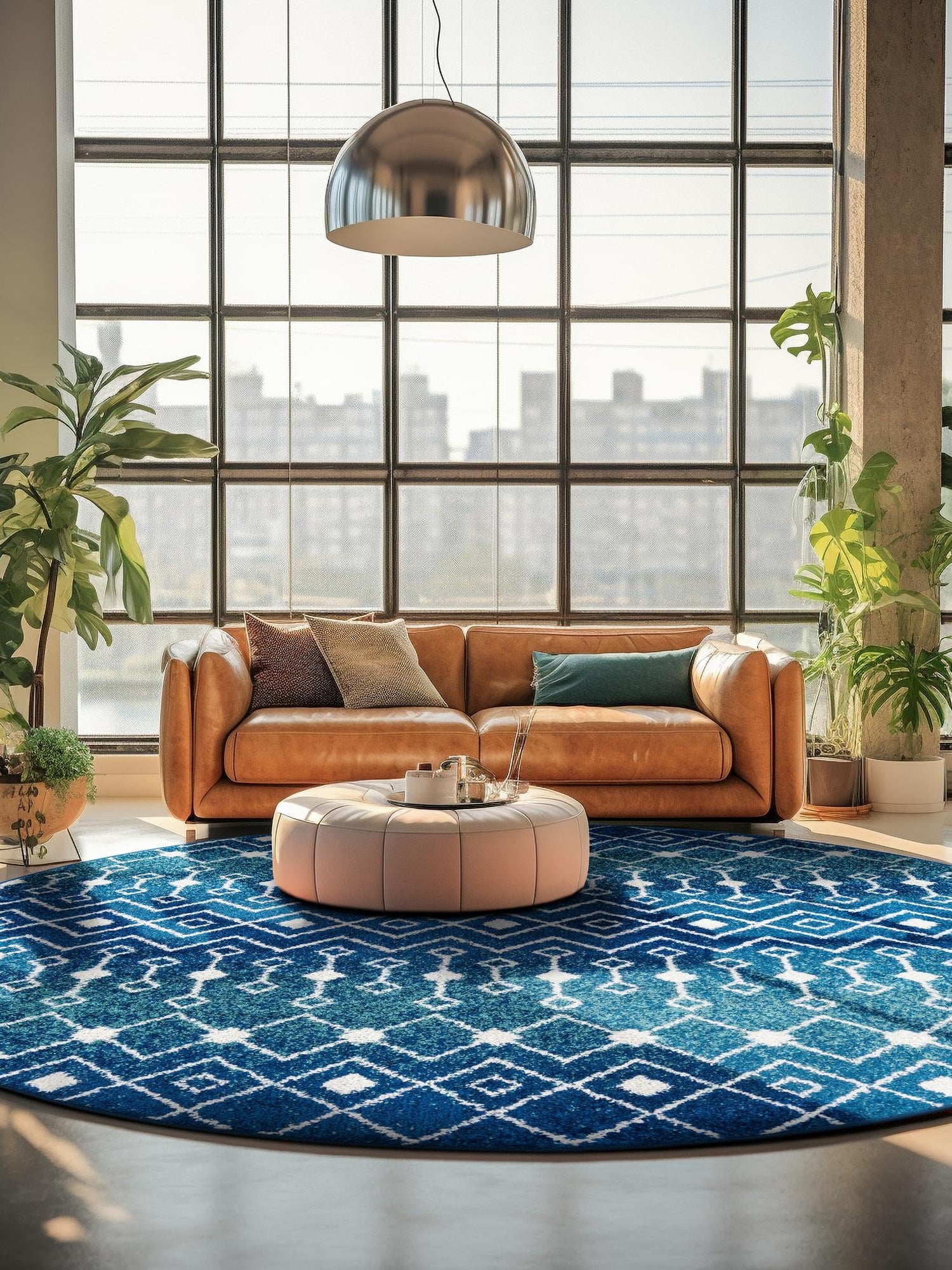 Navy and Teal 7' 10 x 7' 10 Tribal Trellis Round Area Rug Geometric Southwestern Inspired Durable Carpet for Home Interior Design for Sale at Rug Engine