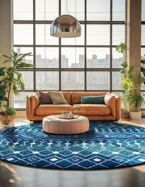 Navy and Teal 5' 3 x 5' 3 Tribal Trellis Round Area Rug Geometric Southwestern Inspired Durable Carpet for Home Interior Design for Sale at Rug Engine