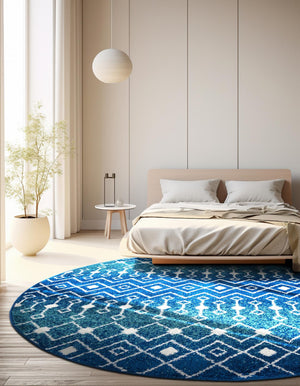 Navy and Teal 5' 3 x 5' 3 Tribal Trellis Round Area Rug Geometric Southwestern Inspired Durable Carpet for Home Interior Design for Sale at Rug Engine