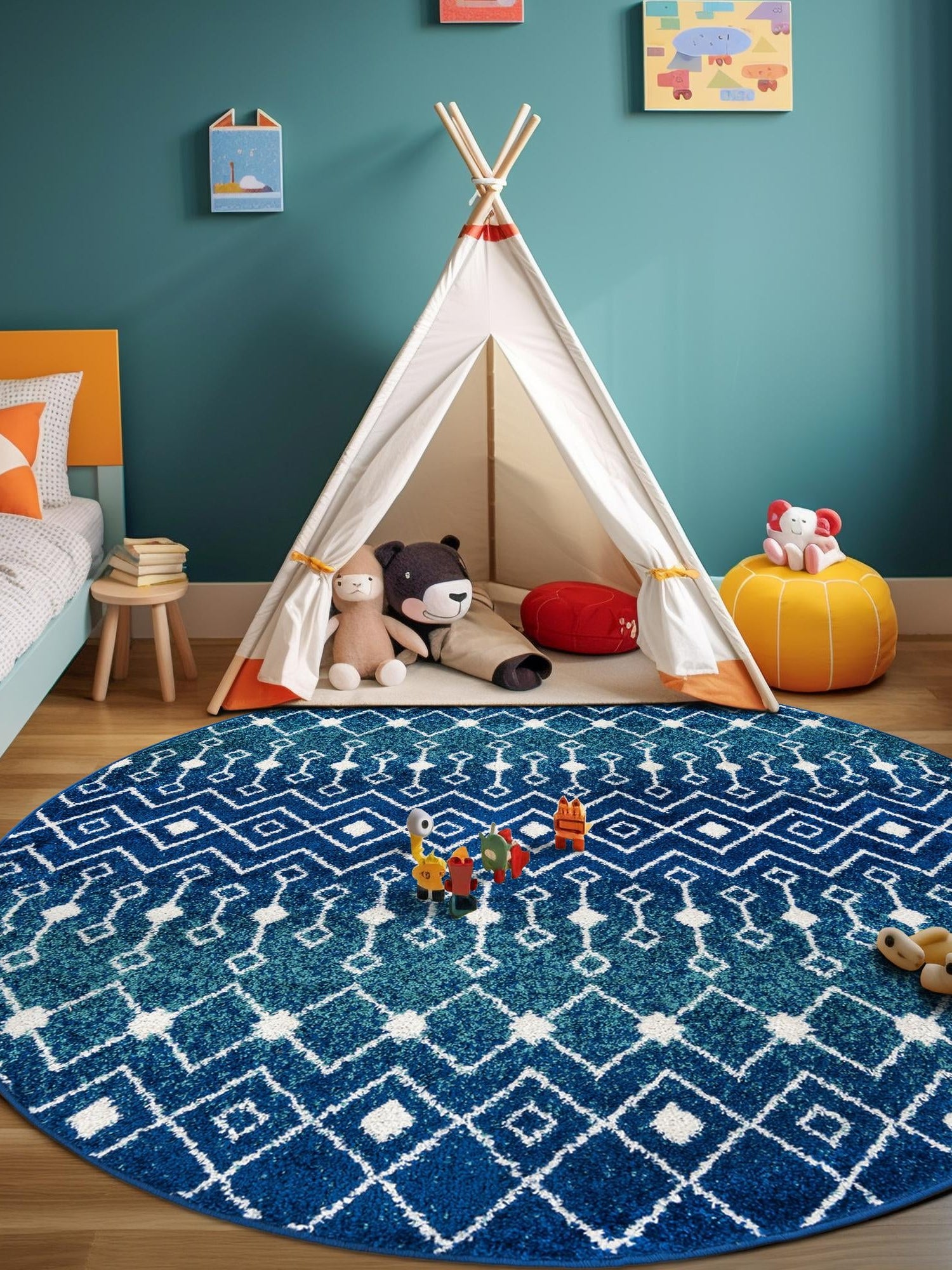 Navy and Teal 6' 1 x 6' 1 Tribal Trellis Round Area Rug Geometric Southwestern Inspired Durable Carpet for Home Interior Design for Sale at Rug Engine