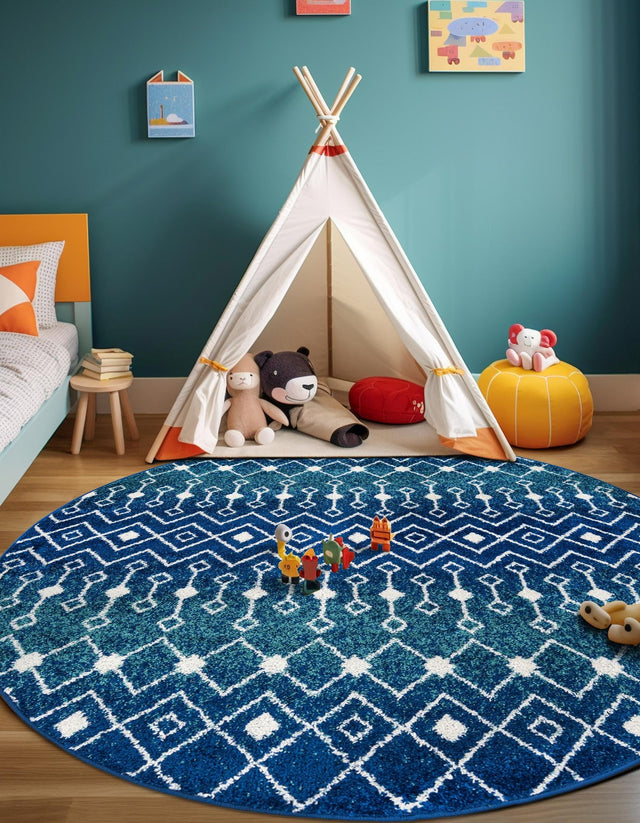 Navy and Teal 7' 10 x 7' 10 Tribal Trellis Round Area Rug Geometric Southwestern Inspired Durable Carpet for Home Interior Design for Sale at Rug Engine