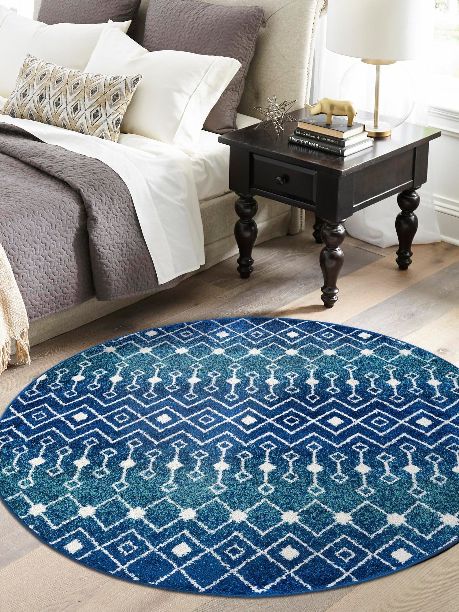 Navy and Teal 5' 3 x 5' 3 Tribal Trellis Round Area Rug Geometric Southwestern Inspired Durable Carpet for Home Interior Design for Sale at Rug Engine