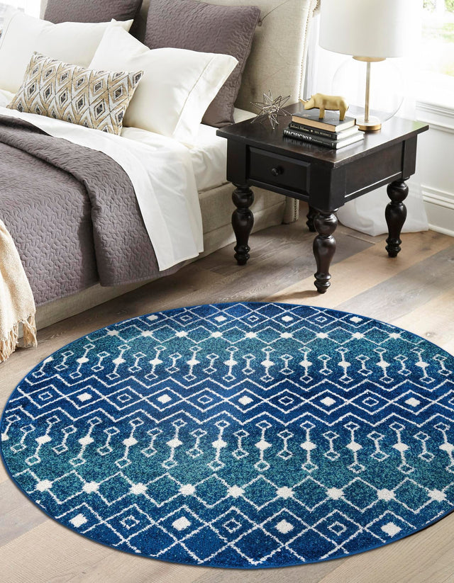 Navy and Teal 5' 3 x 5' 3 Tribal Trellis Round Area Rug Geometric Southwestern Inspired Durable Carpet for Home Interior Design for Sale at Rug Engine