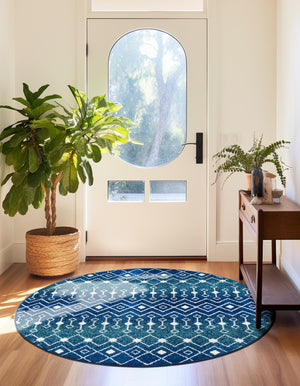 Navy and Teal 6' 1 x 6' 1 Tribal Trellis Round Area Rug Geometric Southwestern Inspired Durable Carpet for Home Interior Design for Sale at Rug Engine