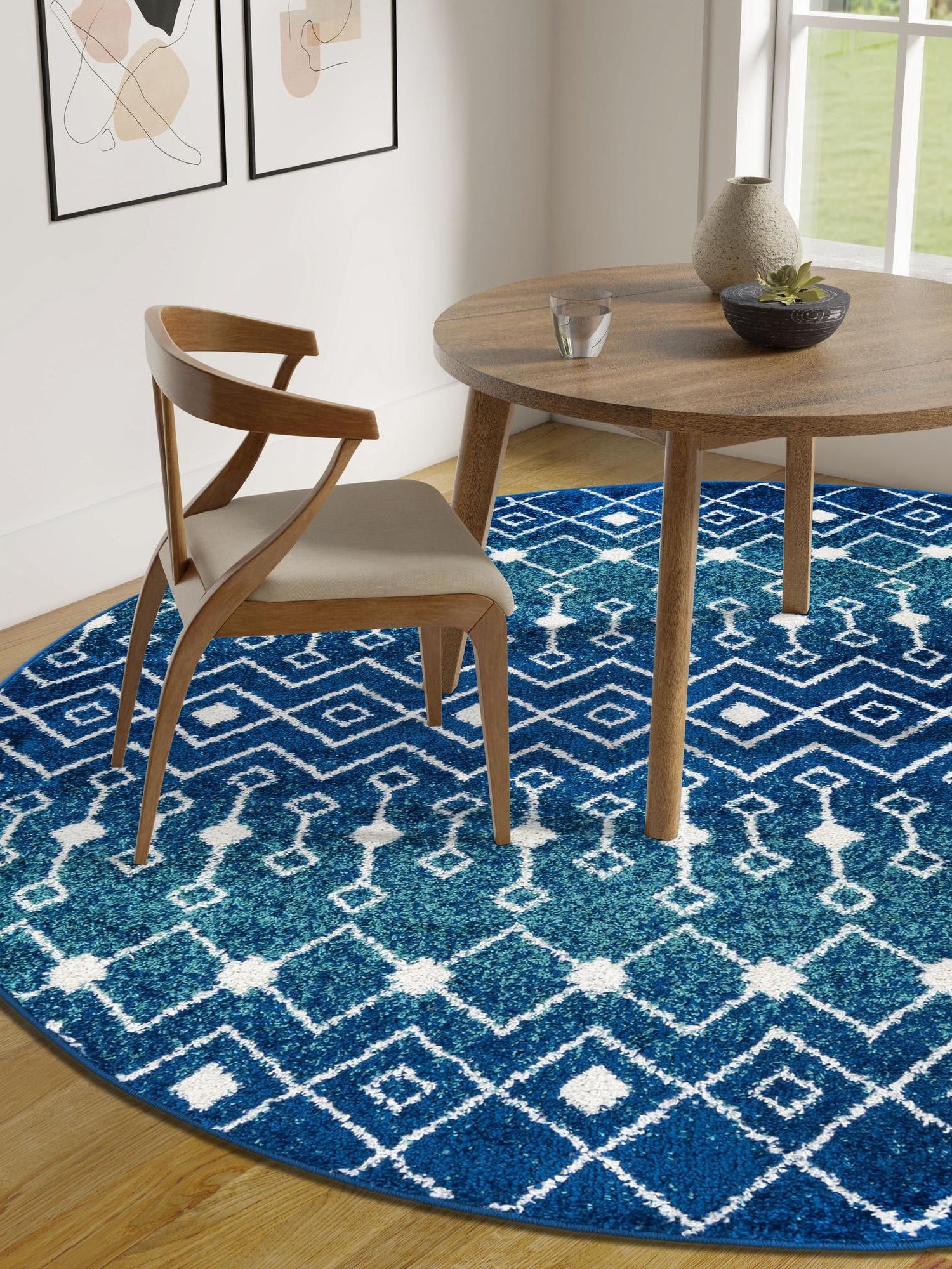 Navy and Teal 7' 10 x 7' 10 Tribal Trellis Round Area Rug Geometric Southwestern Inspired Durable Carpet for Home Interior Design for Sale at Rug Engine