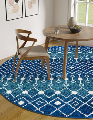 Navy and Teal 7' 10 x 7' 10 Tribal Trellis Round Area Rug Geometric Southwestern Inspired Durable Carpet for Home Interior Design for Sale at Rug Engine