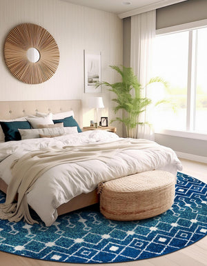 Navy and Teal 7' 10 x 7' 10 Tribal Trellis Round Area Rug Geometric Southwestern Inspired Durable Carpet for Home Interior Design for Sale at Rug Engine