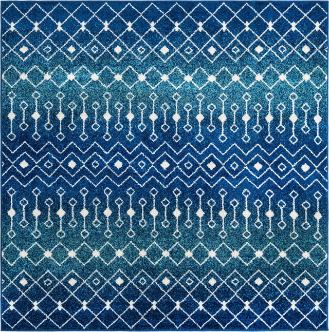Navy and Teal 7' 10 x 7' 10 Tribal Trellis Square Area Rug Geometric Southwestern Inspired Durable Carpet for Home Interior Design for Sale at Rug Engine