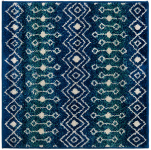 Navy and Teal 3' 1 x 3' 1 Tribal Trellis Square Area Rug Geometric Southwestern Inspired Durable Carpet for Home Interior Design for Sale at Rug Engine