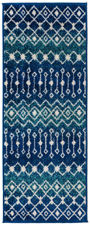 Navy and Teal 2' x 5' 3 Tribal Trellis Runner Area Rug Geometric Southwestern Inspired Durable Carpet for Home Interior Design for Sale at Rug Engine