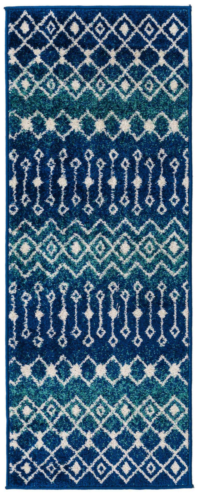 Navy and Teal 2' x 5' 3 Tribal Trellis Runner Area Rug Geometric Southwestern Inspired Durable Carpet for Home Interior Design for Sale at Rug Engine