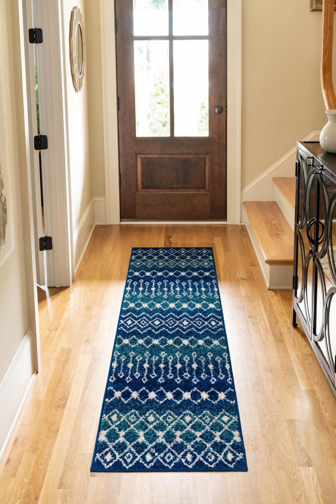 Navy and Teal 2' 7 x 10' Tribal Trellis Runner Area Rug Geometric Southwestern Inspired Durable Carpet for Home Interior Design for Sale at Rug Engine