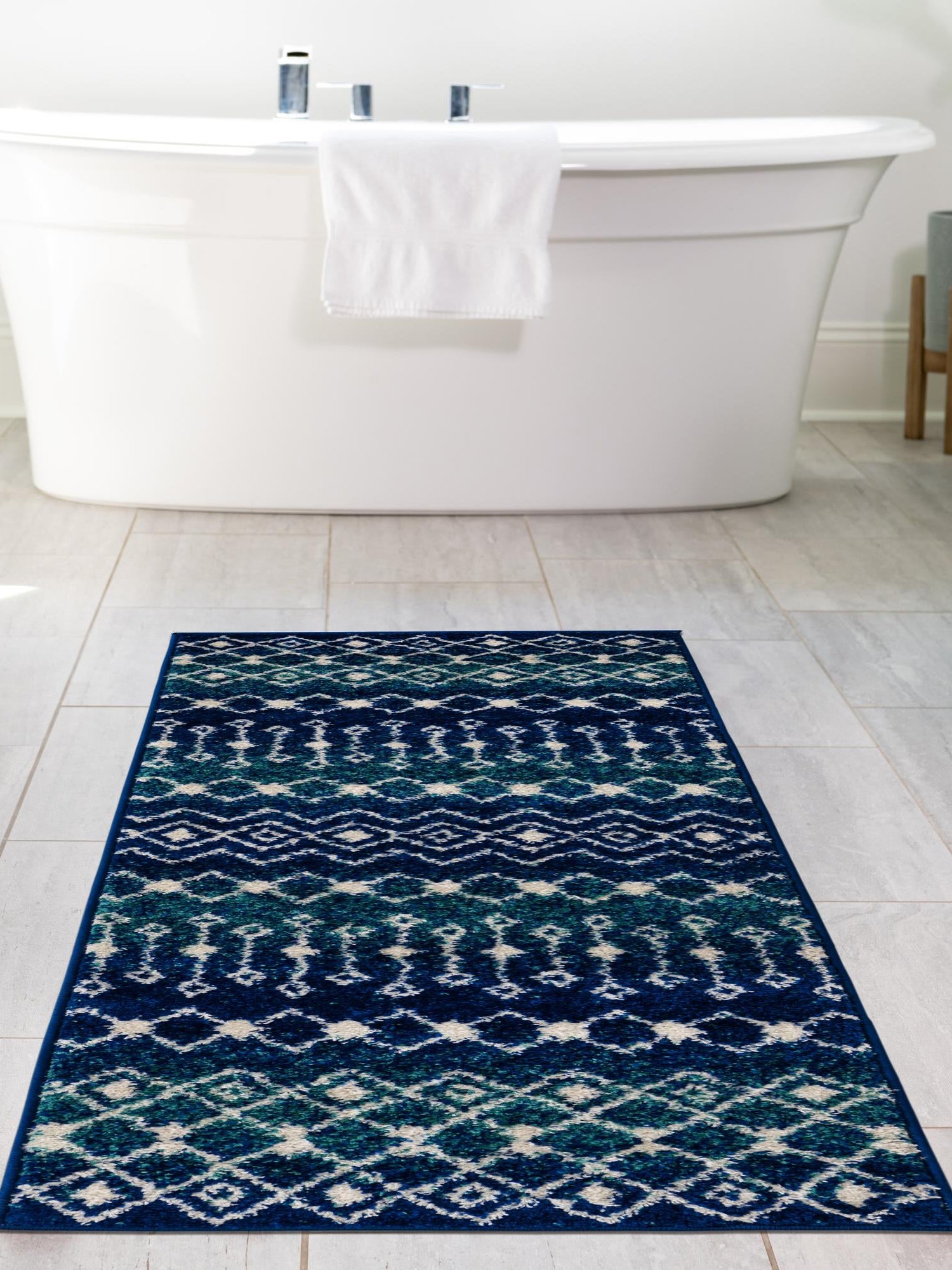 Navy and Teal 2' 7 x 12' Tribal Trellis Runner Area Rug Geometric Southwestern Inspired Durable Carpet for Home Interior Design for Sale at Rug Engine
