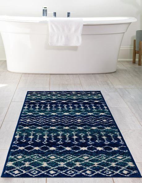Navy and Teal 2' 7 x 10' Tribal Trellis Runner Area Rug Geometric Southwestern Inspired Durable Carpet for Home Interior Design for Sale at Rug Engine