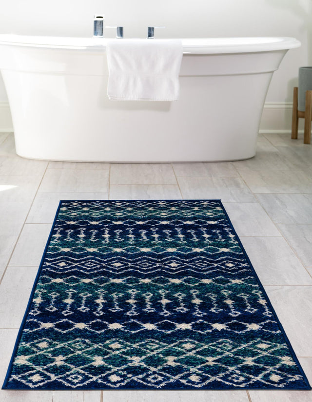 Navy and Teal 2' 7 x 10' Tribal Trellis Runner Area Rug Geometric Southwestern Inspired Durable Carpet for Home Interior Design for Sale at Rug Engine