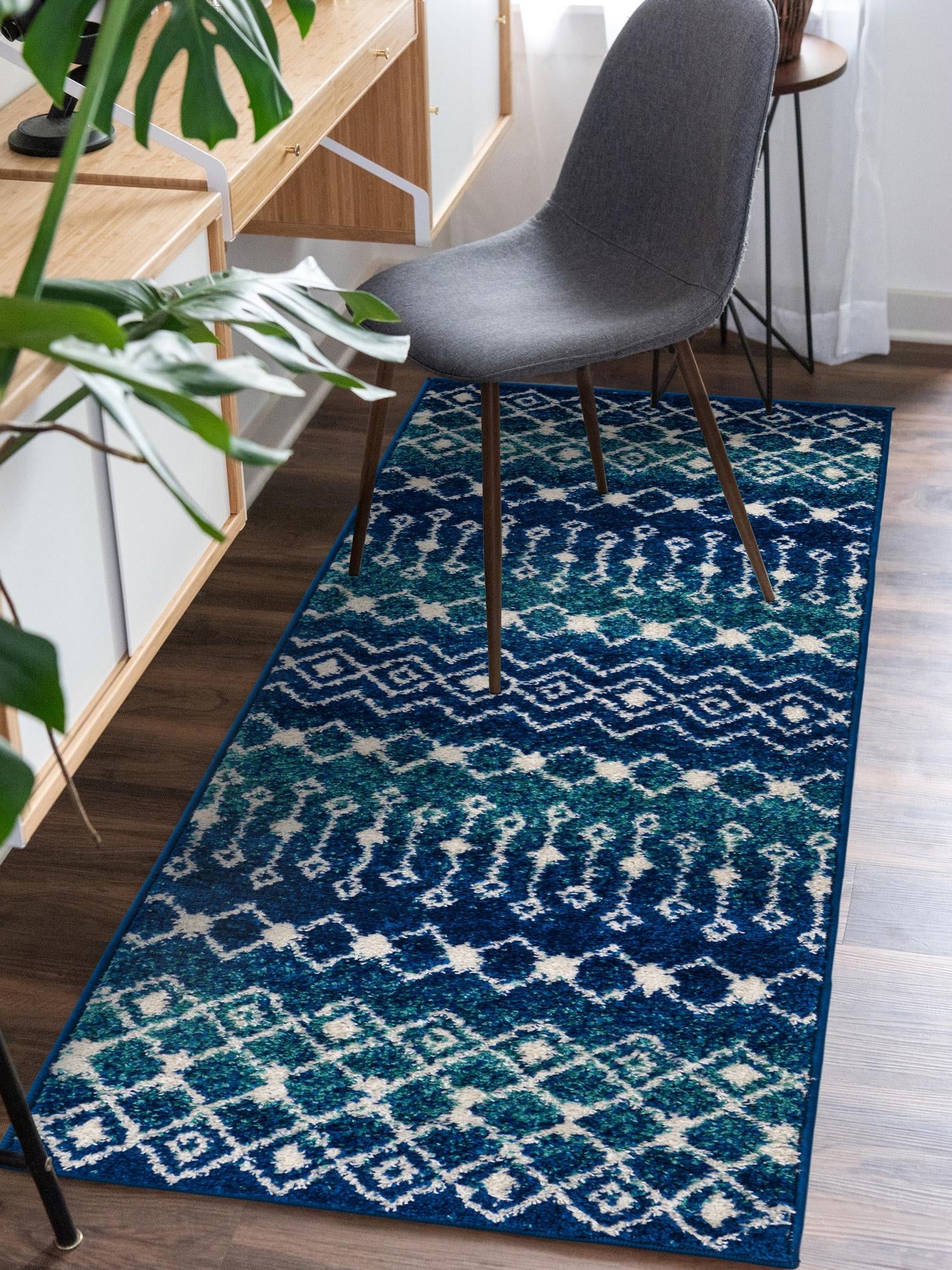 Navy and Teal 2' x 5' 3 Tribal Trellis Runner Area Rug Geometric Southwestern Inspired Durable Carpet for Home Interior Design for Sale at Rug Engine