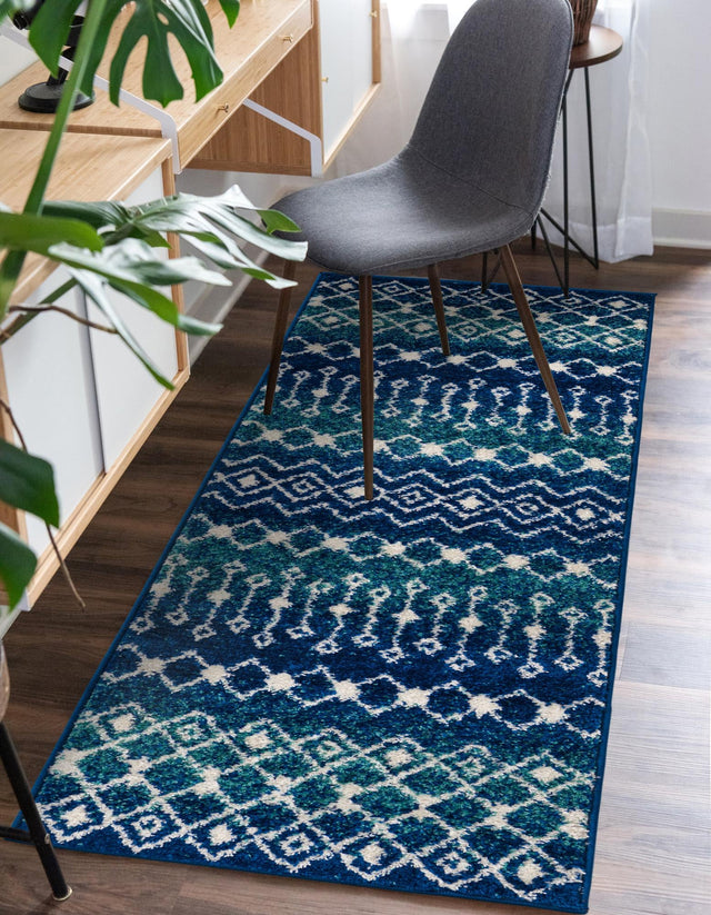 Navy and Teal 2' 7 x 10' Tribal Trellis Runner Area Rug Geometric Southwestern Inspired Durable Carpet for Home Interior Design for Sale at Rug Engine