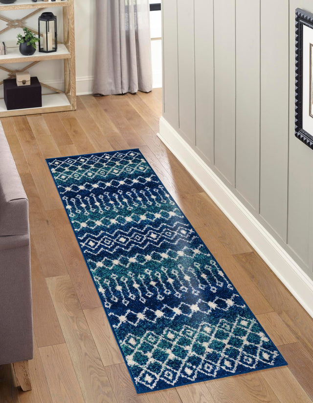 Navy and Teal 2' 7 x 10' Tribal Trellis Runner Area Rug Geometric Southwestern Inspired Durable Carpet for Home Interior Design for Sale at Rug Engine