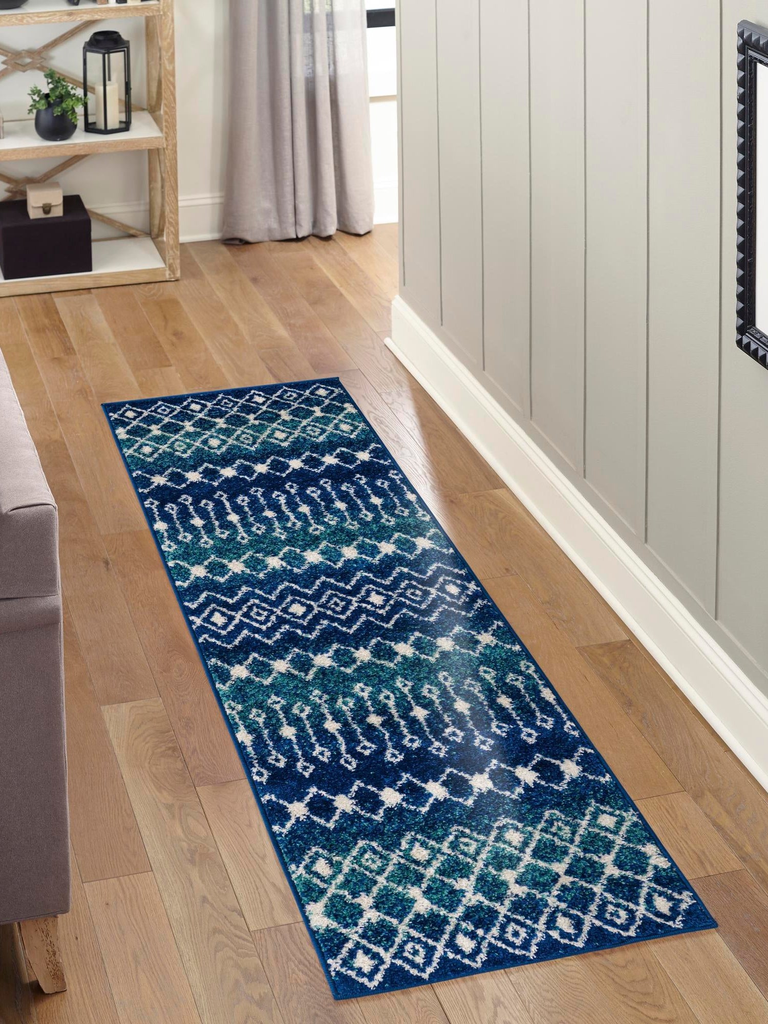 Navy and Teal 2' x 5' 3 Tribal Trellis Runner Area Rug Geometric Southwestern Inspired Durable Carpet for Home Interior Design for Sale at Rug Engine