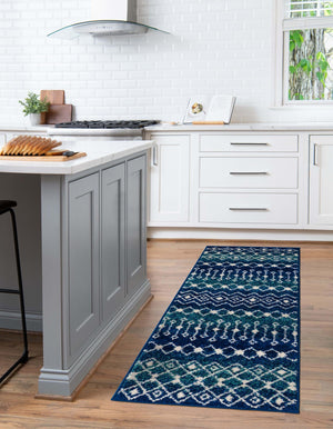 Navy and Teal 2' 7 x 10' Tribal Trellis Runner Area Rug Geometric Southwestern Inspired Durable Carpet for Home Interior Design for Sale at Rug Engine
