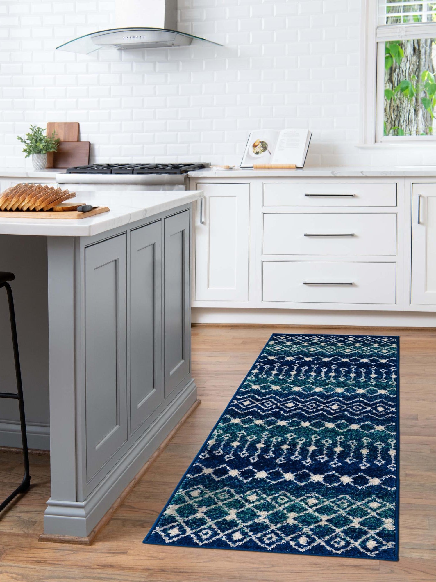 Navy and Teal 2' 7 x 12' Tribal Trellis Runner Area Rug Geometric Southwestern Inspired Durable Carpet for Home Interior Design for Sale at Rug Engine