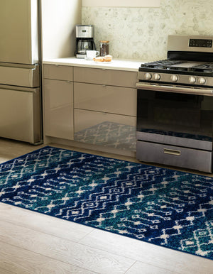 Navy and Teal 2' 7 x 10' Tribal Trellis Runner Area Rug Geometric Southwestern Inspired Durable Carpet for Home Interior Design for Sale at Rug Engine