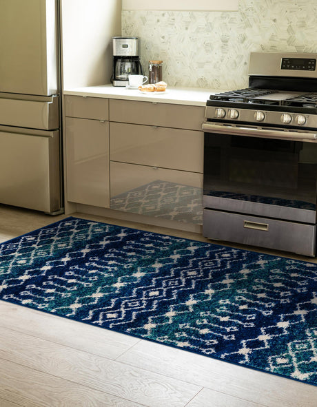 Navy and Teal 2' 7 x 10' Tribal Trellis Runner Area Rug Geometric Southwestern Inspired Durable Carpet for Home Interior Design for Sale at Rug Engine