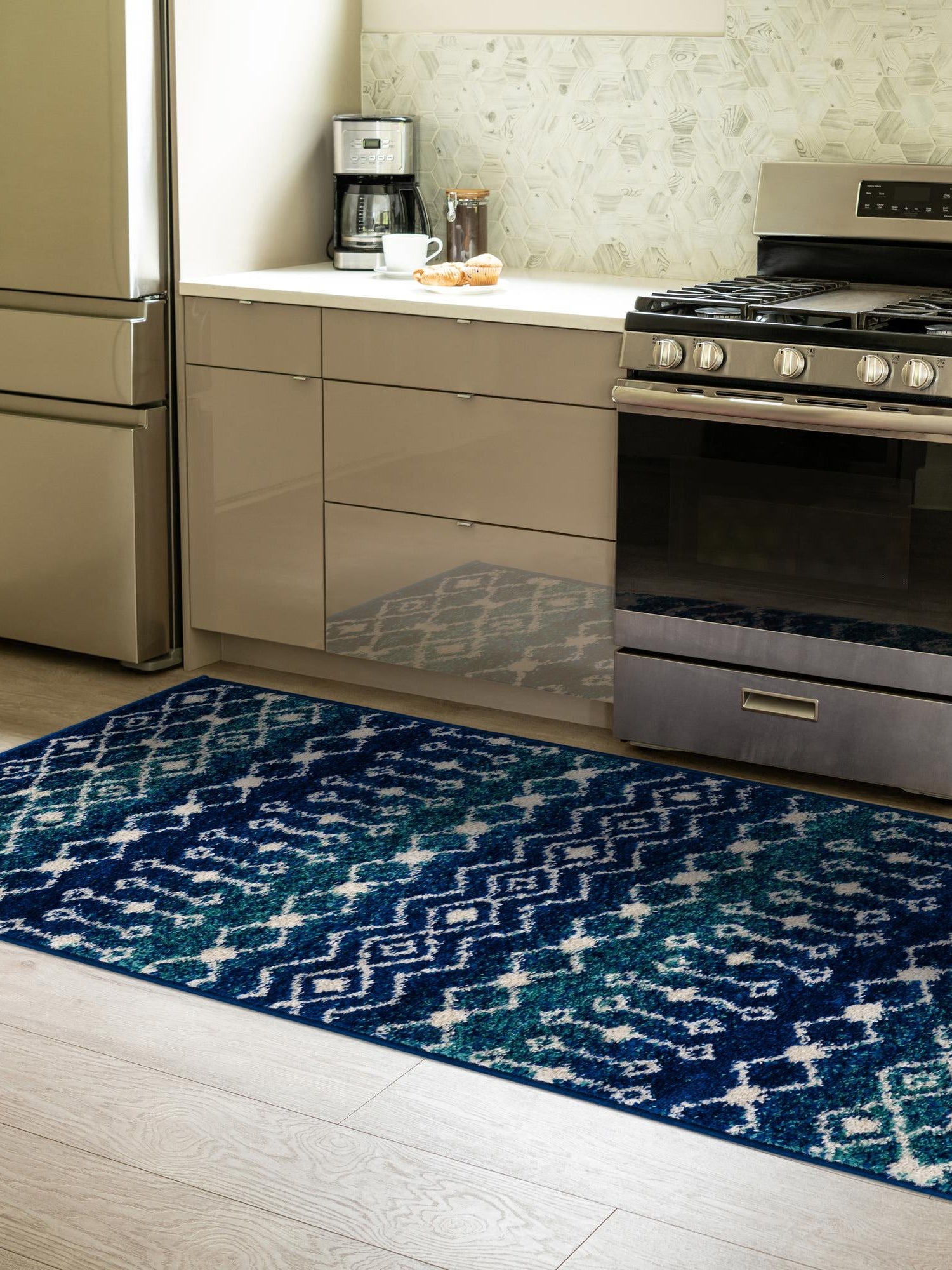 Navy and Teal 2' x 6' 1 Tribal Trellis Runner Area Rug Geometric Southwestern Inspired Durable Carpet for Home Interior Design for Sale at Rug Engine